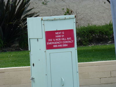 NextG (Crown Castle) Dual DAS in Redondo Beach, CA
This is an example of why the assertion that 'DAS and done' is not always true.  This site was originally permitted as a single DAS site, but another carrier wanted to be at the same site, so a larger cabinet holding two DAS nodes was installed, as was a second antenna.  This is the SCE meter cabinet for the site.
Keywords: nextg crown castle dual das node redondo beach myers cabinet power meter