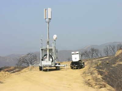 AT&T Cow in Action
AT&T's Cell-on-Wheels (COW) in action in the Santiago Canyon area of Orange County after the October 2007 wildfires.  The portable generator powers the site.
Keywords: at&t cingular cow cell on wheels portable gas power generator santiago canyon orange county fire october