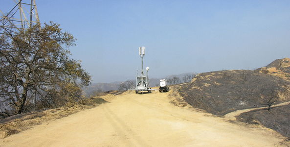 AT&T Cow in Action
Panoramic (three photos) shot of AT&T's Cell-on-Wheels (COW) in action in the Santiago Canyon area of Orange County after the October 2007 wildfires.  The portable generator powers the site.
Keywords: at&t cingular cow cell on wheels portable gas power generator santiago canyon orange county fire october panoramic