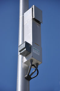 NextG DAS - Norwalk, California
Closeup of NextG Networks DAS light standard node in Norwalk, California.  Note the cut-off box grated to the side of the Andrews ION fiber optic node.
Keywords: NextG distributed antenna system DAS Norwalk California