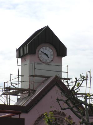 5. A Close-Up View of Two Sectors of RF-Transparent Panels
Here's a close-up of the bell tower being modified to enclose the antennas.  The cut-outs on the front and left side of the tower are the RF transparent panels.  
Keywords: verizon armacost