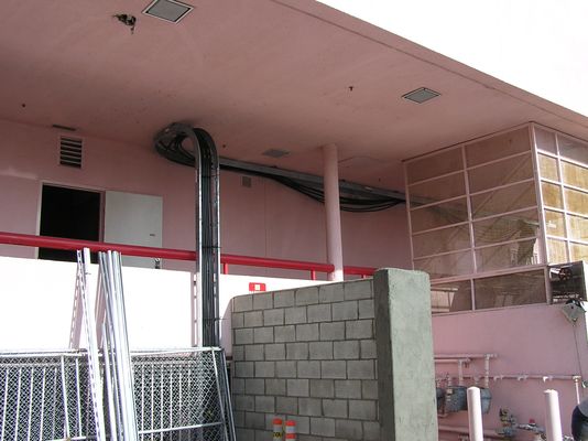 9. More Cable Tray Installation
Here's a further view of the cable tray as it transitions from the hallway leading from the side of the building over and down to the BTS equpment housing area.
Keywords: verizon armacost