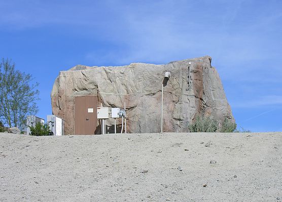 Now You Don't See It, and Now you Don't!
A very unusual cell rock design encloses both Sprint's equipment building and its antennas.  Riverside County, just south of Palm Desert, Caifornia.  This view is looking east from an area not usually accessible to visitors.
Keywords: sprint cell rock building antennas palm desert riverside county california