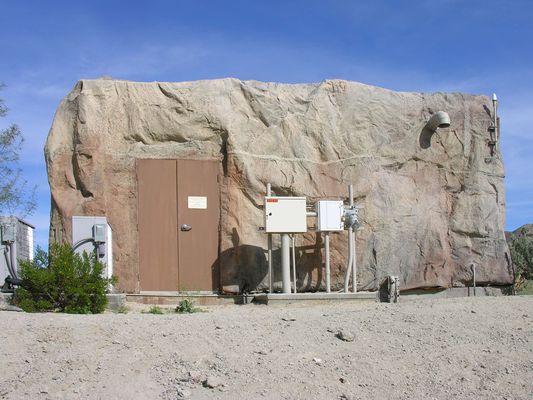 Now You Don't See It, and Now you Don't!
A very unusual cell rock design encloses both Sprint's equipment building and its antennas.  Riverside County, just south of Palm Desert, Caifornia.  This view is looking east from an area not usually accessible to visitors.
Keywords: sprint cell rock building antennas palm desert riverside county california