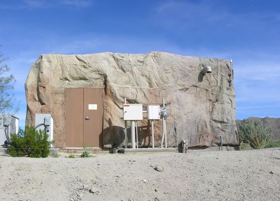 Now You Don't See It, and Now you Don't!
A very unusual cell rock design encloses both Sprint's equipment building and its antennas.  Riverside County, just south of Palm Desert, Caifornia.  This view is looking east from an area not usually accessible to visitors.
Keywords: sprint cell rock building antennas palm desert riverside county california