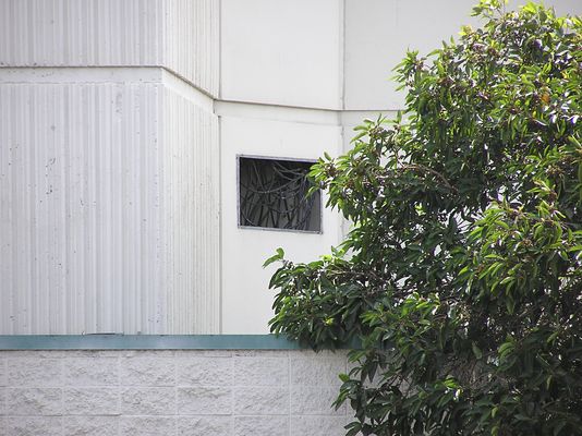 Multi-carrier Cell Site Cleverly Disguised As An Upscale Hotel
Cable chase with missing cover on northwest corner.  Notice how the cable chase has been built into the corner of the wall.  
Keywords: multicarrier torrance hotel hilton