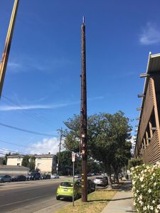 Mobilitie New Wood Pole Pox in West Los Angeles
Mobilitie has planted this awful wood pole in West Los Angeles.  Note the standoffs for the equipment and conduits.  A small cell? I think not. 
Keywords: mobilitie wood pole sprint west los angeles