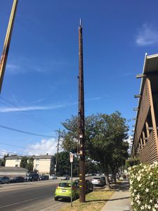 Mobilitie New Wood Pole Pox in West Los Angeles
Mobilitie has planted this awful wood pole in West Los Angeles.  Note the standoffs for the equipment and conduits.  A small cell? I think not. 
Keywords: mobilitie wood pole sprint west los angeles