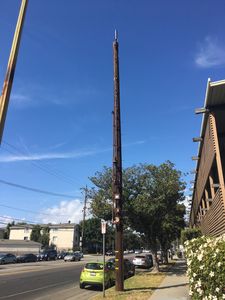 Mobilitie New Wood Pole Pox in West Los Angeles
Mobilitie has planted this awful wood pole in West Los Angeles.  Note the standoffs for the equipment and conduits.  A small cell? I think not. 
Keywords: mobilitie wood pole sprint west los angeles