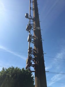 Mobilitie New Wood Pole Pox in West Los Angeles
Mobilitie has planted this awful wood pole in West Los Angeles.  Note the standoffs for the equipment and conduits.  A small cell? I think not. 
Keywords: mobilitie wood pole sprint west los angeles