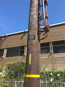Mobilitie New Wood Pole Pox in West Los Angeles
Mobilitie has planted this awful wood pole in West Los Angeles.  Note the standoffs for the equipment and conduits.  A small cell? I think not. 
Keywords: mobilitie wood pole sprint west los angeles