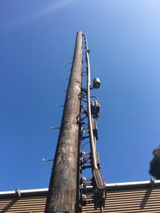 Mobilitie New Wood Pole Pox in West Los Angeles
Mobilitie has planted this awful wood pole in West Los Angeles.  Note the standoffs for the equipment and conduits.  A small cell? I think not. 
Keywords: mobilitie wood pole sprint west los angeles