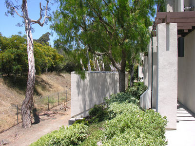 A Royal Treatment
This is the rear of the building supporting Royal Street's cupola site in San Juan Capistrano, California. .  The cable tray exits the roof, comes down over the roof of the walk way, down the column, and underground to the equipment enclosure cut into the hillside (left side of picture).
Keywords: royal street metropcs san juan capistrano 31115 rancho viejo camo cupola hillside