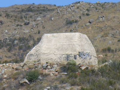 Monorock, Interrupted
Front view of Sprint's monrock highlights the poor design that has many sharp edges; is incomplete; and sports a GPS antenna sticking up above the rock.  Yuck.
Keywords: sprint monorock rock murrieta