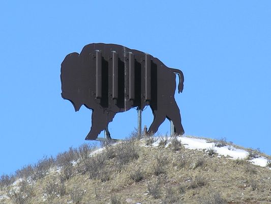A Powerful Bison
Verizon's cellular bison, located in Carr, Colorado, serves I25.  This closeup shot shows how the antenna panels are affixed to the metal body of the bison.
Keywords: carr colorado verizon bison
