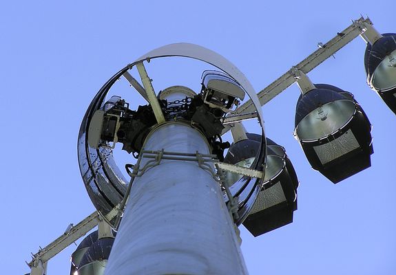 What's Under the Skirt?
Nextel's Nextel's Santa Margarita Christian High School site antennas are behind a radome/skirt affixed to a field light standard.   Looking upwards, you can see 4 of the 6 antennas behind the radome/skirt.
Keywords: nextel Rancho Santa Margarita Christian high school radome field light standard