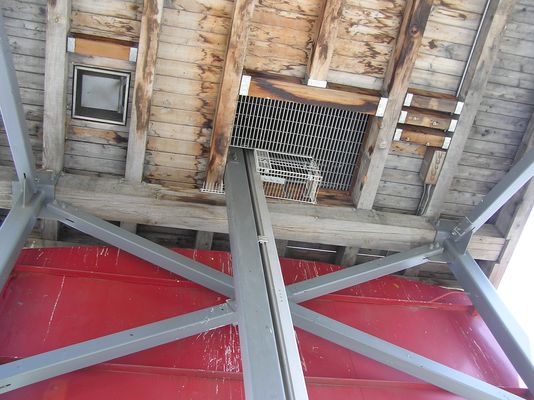 Water tank - Personnel Entry Point
Here's an "underside looking up" view of the personnel entry port to the tank.  Notice the fold-down rail ladder system.  Gordon Ranch shopping center in Chino Hills, CA.
