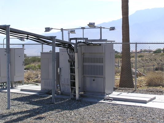 Cell Palm
Notice that the coax ground block (below the ice guard) and the ground wire from the ground block are not properly affixed.   Sprint site in Desert Hot Springs, CA
Keywords: Sprint Desert Hot Springs monopalm ground block wire ice guard