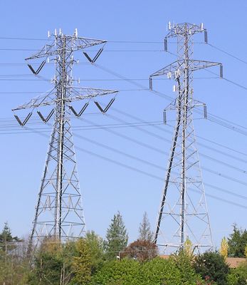 Co-location cell sites on paired power transmission towers
This is an example of co-location sites on adjacent power transmission towers.  

Notice that the antenna panels and cables were not required to be painted to match the towers.  Painting those elements would have positively impacted the result.
Keywords: co-location power towers