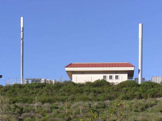 Two monopoles - Co-location site
Multiple carriers occupy this site.  Notice that the camo panels are missing on the lower antennas on the left monopole.
