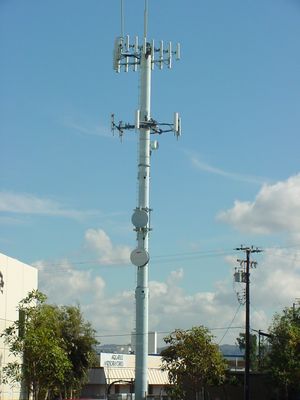 Co-location cell site
YACS: Yet another co-location site.  Note the various microwave antennas on the monopole.  Microwave antennas are used for backhaul to the MTSO, and save monthly recurring line lease costs (at the cost of increased visual load at the site). 
