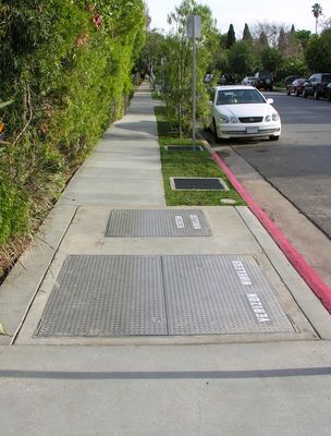 Verizon Wireless Camo Light Standard
...in Santa Monica, California.  Notice that the BTS equipment vault is located around the corner to the right.  It's in the sidewalk area.  If you still can't spot it, look for the white painted labels!  Actually, a nice design.  The vents are in the greenbelt area.
Keywords: verizon santa monica 25th montana light standard flush vaults