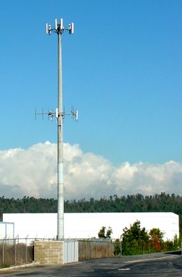 Co-location cell site - sectorized and omnidirectional
A single monopole tower can support one or more sectorized carriers.  The lower carrier does not use diversity reception (two receive antennas spaced so as to better receive lower power mobile handsets).   The upper carrier does use diversity.  Usually, in diversity configurations, the two receive antennas are on the outsides of the sector, and the transmit antenna is located inside, adjacent to one of the receive antennas. 
Keywords: colocation sectorized