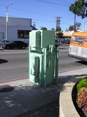 Lots of BTS Equipment in the Sidewalk Area
Here's a close-up photo of the AT&T Wireless BTS in the public right-of-way (sidewalk).   Notice how tall the equipment stack is (about 6').

