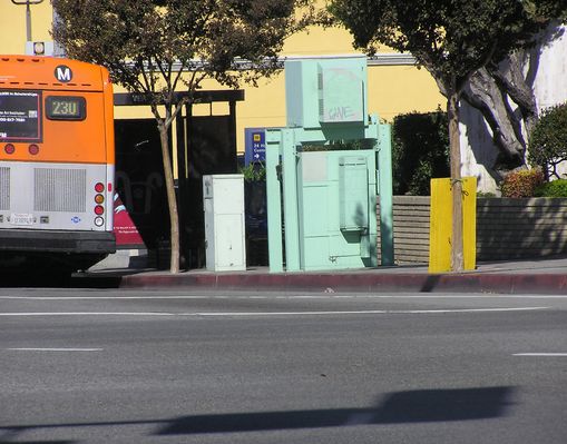 Lots of BTS Equipment in the Sidewalk Area
This AT&T Wireless base station is located in the right-of-way.  The smaller pedestal to the left of the BTS houses the power company meter.
