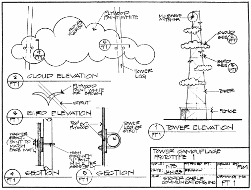Camofulaged AML Receive Site?
Back in 1983 Storer Cable was trying to secure a microwave-receive site on a hillside in San Juan Capistrano.  The architect retained by Storer lost most of his hair trying to get a design that would pass muster with the City.  One night, in a fit of frustration, he came up with this design.  We never submitted this one to the City.  Pity.  It would have been fun!
Keywords: camouflaged aml cable tv microwave receive