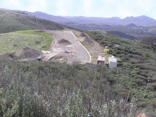 Panoramic view near antenna looking at the KMLT work site
Here's a good overview of the KMLT transmitter site, under construction, and the City of Thousand Oaks in the background.  The camera position is about 30 feet south of the antenna. 
Keywords: KMLT