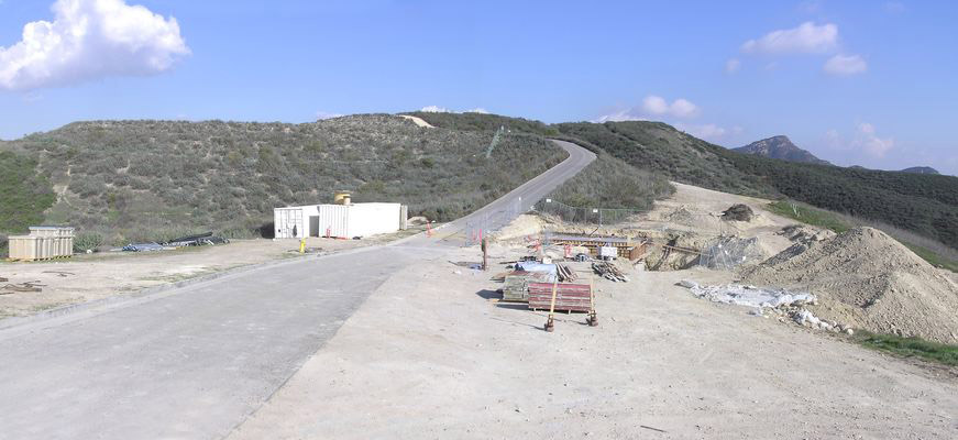 Panoramic view of the KMLT work site and antenna (Roof on)
This is an updated panoramic shot of the job site and antenna.  The roof is now on the building.  Photo taken on a weekend (no workers present).
