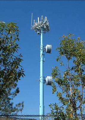 Major Macrocell Site (multiple carriers)
This is an example of a traditional multiple carrier macrocell site.  Note the large microwave antennas facing to the right: They are used to provide high-reliability connection of this site to the MTSO some 25 miles away.
Keywords: Multiple carrier macrocell site microwave